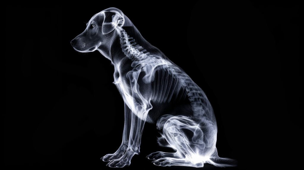 eerie canine remains: a dog skeletons pose. generative ai