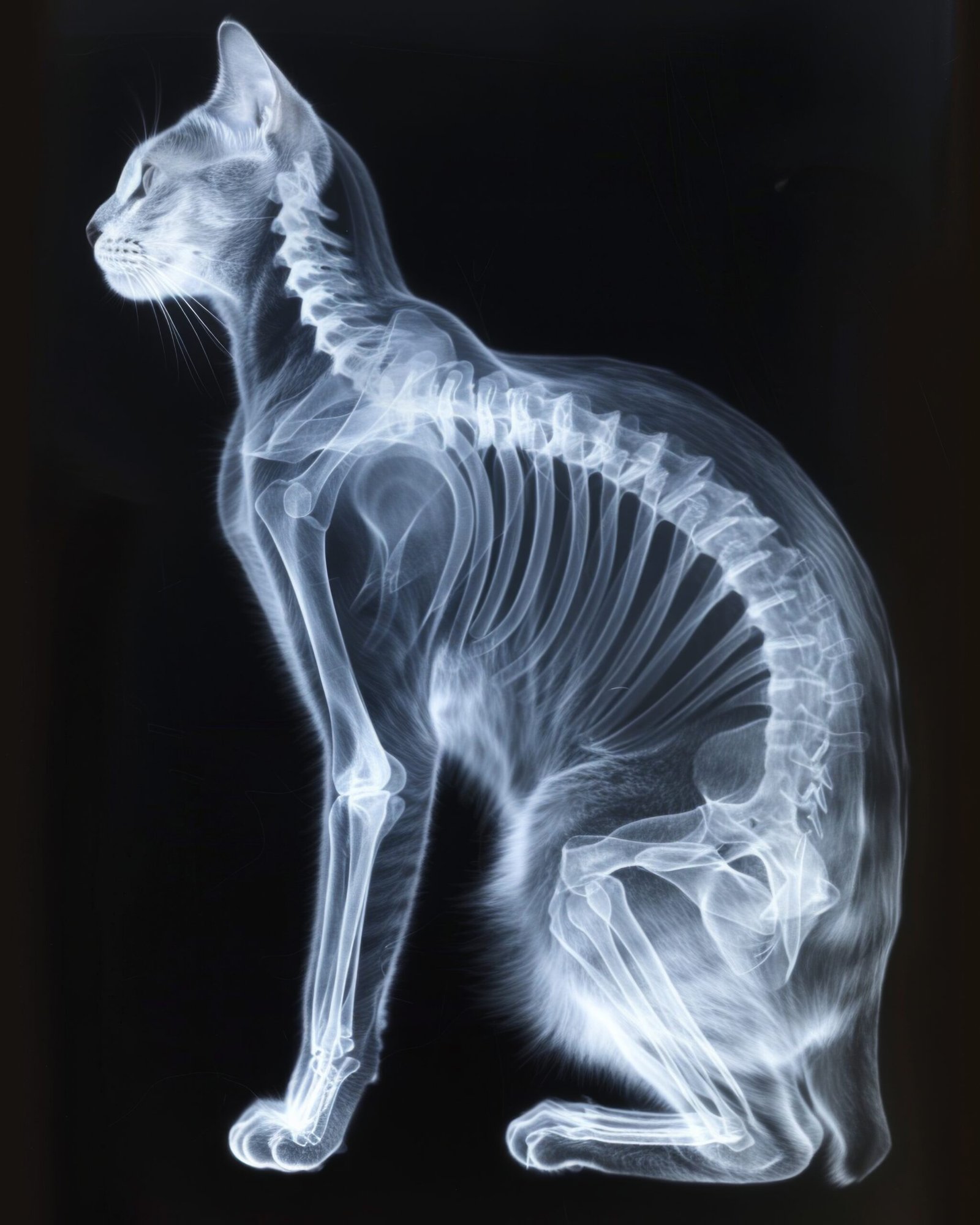 x ray style illustration of a cat skeleton sitting gracefully on a table